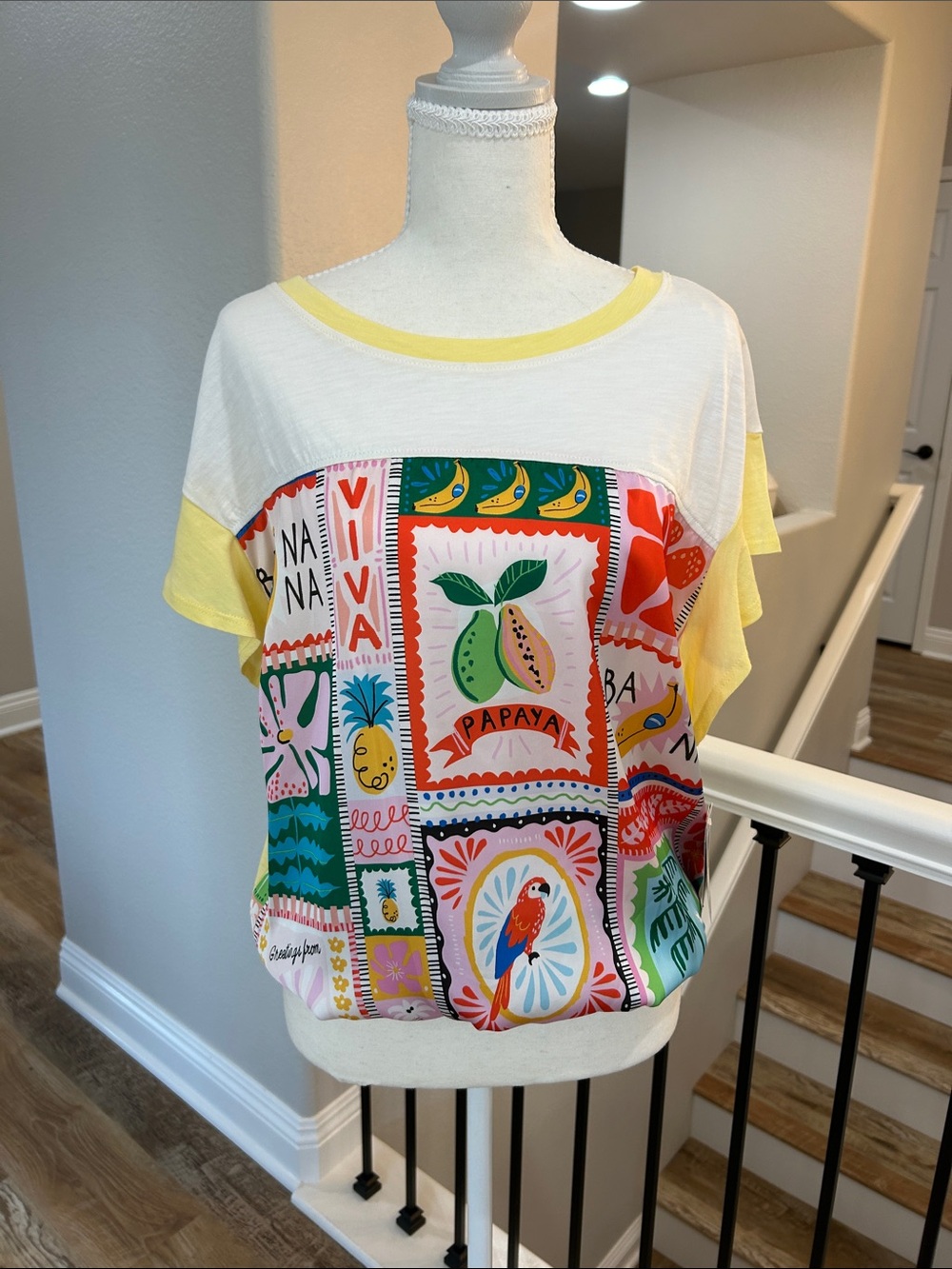 Democracy White and Yellow Short Sleeve Tropical Patchwork Tee, size M, NEW